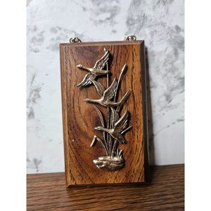 Vintage MCM Wooden Wall Plaque With Copper Flying Geese 6.5" Tall Made In Canada